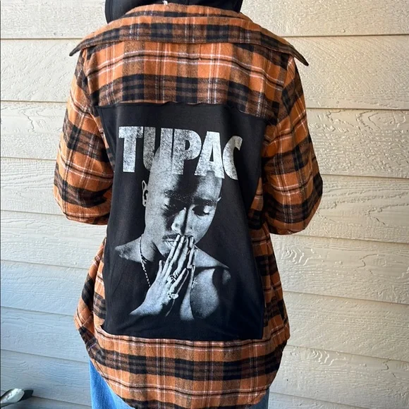 Tupac Shakur Upcycled Flannel Shirt with Hood Size Medium M Handmade - Picture 1 of 5